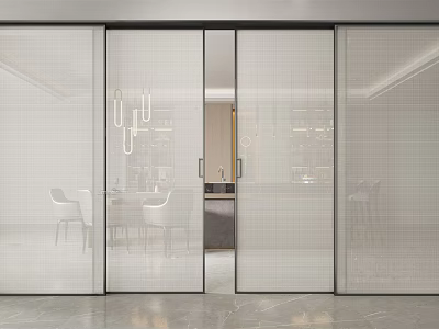 Modern Textured Glass Sliding Doors in Contemporary Interior With Pendant Lights And Dining Area 3d model