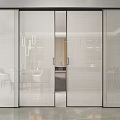 Modern Textured Glass Sliding Doors in Contemporary Interior With Pendant Lights And Dining Area