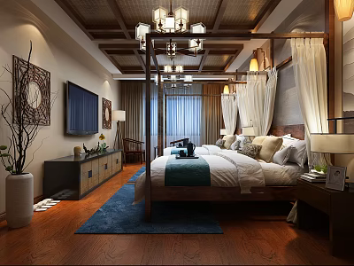 Traditional Chinese Hotel Room Interior With Wooden Four Poster Bed And Chandelier Decor 3d model