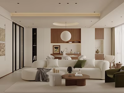 Modern Living and Dining Room Interior Design With White Sofa Wooden Coffee Table Pendant Light 3d model