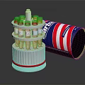 Shiny Metallic Mechanical Device With Multi Layered Components And Striped Cylindrical Casing