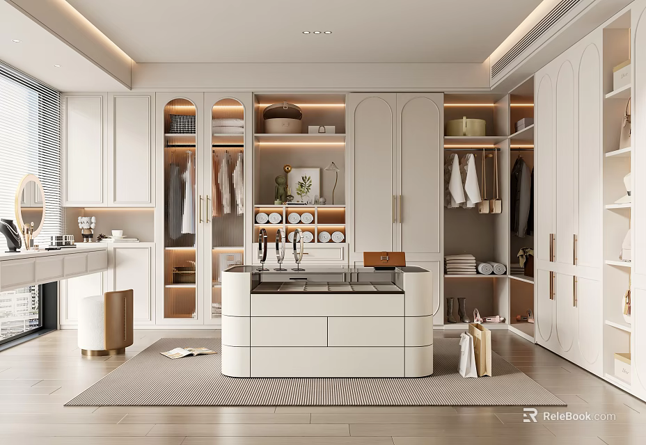 Modern Walk In Closet Interior With White Cabinets Hanging Clothes And Storage Shelves 3d model 