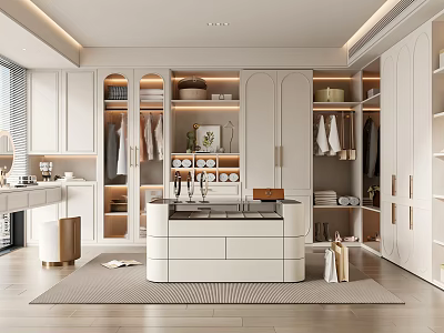 Modern Walk In Closet Interior With White Cabinets Hanging Clothes And Storage Shelves 3d model