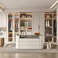 Modern Walk In Closet Interior With White Cabinets Hanging Clothes And Storage Shelves