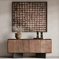 Wooden Entryway Console Table With Textured Design Decorative Wall Art Ceramic Vase and Candle Holders