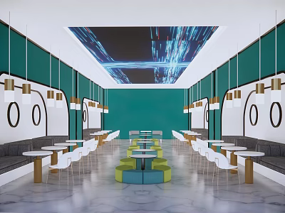 Modern Café Interior With Green Walls Projected Ceiling White Chairs And Round Tables 3d model