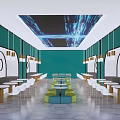 Modern Café Interior With Green Walls Projected Ceiling White Chairs And Round Tables