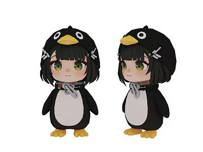 Cute Cartoon Penguin Characters In Black White Costumes With Yellow Beaks Red Eye Details 3d model
