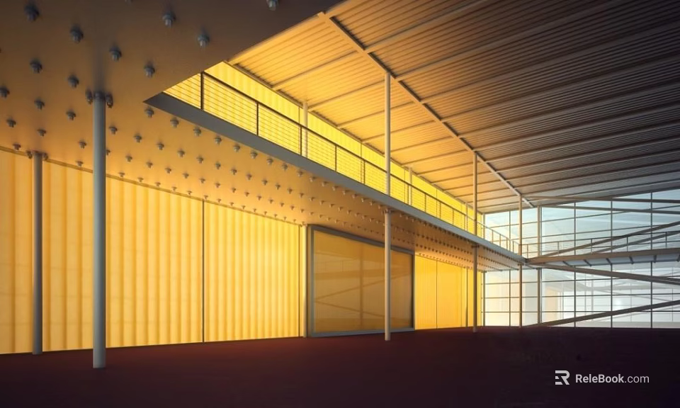 Modern Hotel Lobby Interior With Yellow Wall Panels Glass Curtain And Ceiling Design 3d model 