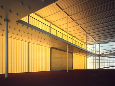 Modern Hotel Lobby Interior With Yellow Wall Panels Glass Curtain And Ceiling Design 3d model