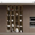 Modern Wooden Sideboard With Glass Door Storage Displaying Tableware And Decorations In Kitchen