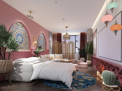 Moroccan Style Hotel Room Interior With Pink Walls Stained Glass Windows White Bed And Lanterns 3d model