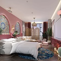 Moroccan Style Hotel Room Interior With Pink Walls Stained Glass Windows White Bed And Lanterns