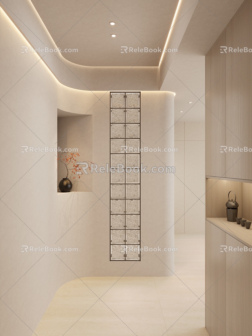 Cream-Quiet Antique Glass Brick Curved Shape Niches Entrance Partition Porch 3d model