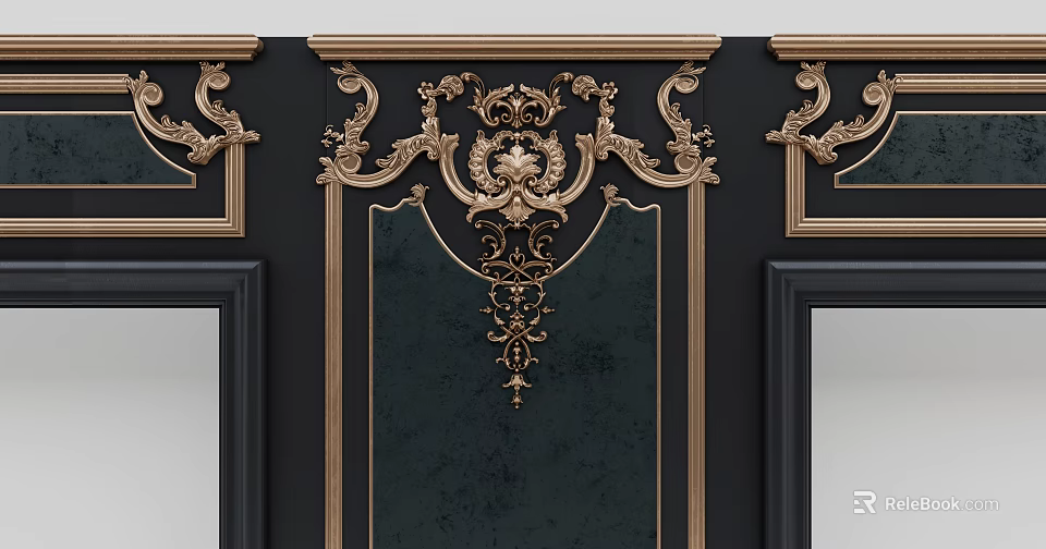 Luxurious Ornate Wall Paneling Design With Intricate Gold Carvings And Dark Background 3d model 