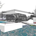 Modern Waterfront Building with Glass Facade and Geometric Structure by Water Featuring Staircase and Terrace