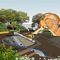 Orange Butterfly Shaped Climbing Structure In Children's Outdoor Playground With Trees