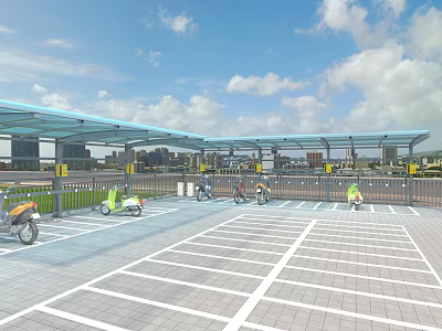 Urban Parking Lot With Transparent Canopy And Electric Vehicles On Grid Patterned Surface 3d model