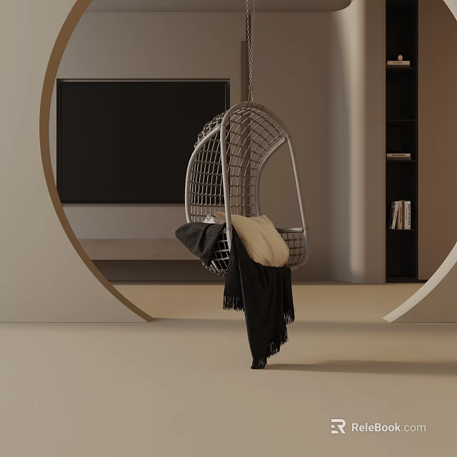 Hanging Leisure Chair with Cushion and Blanket in Modern Living Room Setup 3d model 