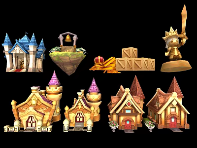 Cartoon Scenery With Fantasy Castles Small Houses Bell Tower Crown And Sword 3d model