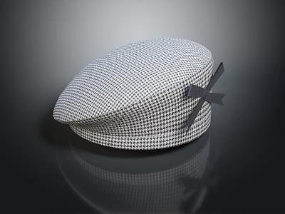 Fashionable Black And White Plaid Fabric Newsboy Cap With Gray Bow Accent 3d model