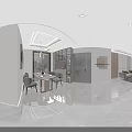 Modern Living Dining Room Interior Design With TV Wall Open Shelves And Marble Floor