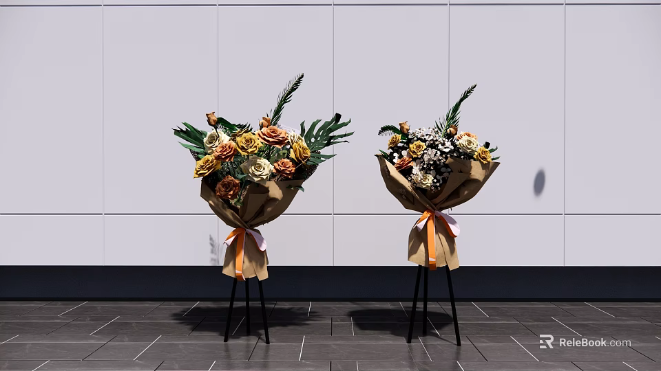 Floral Decorative Arrangement With Brown Paper Wrapped Bouquets Orange Ribbon On Black Stand White Wall 3d model 