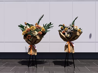 Floral Decorative Arrangement With Brown Paper Wrapped Bouquets Orange Ribbon On Black Stand White Wall 3d model