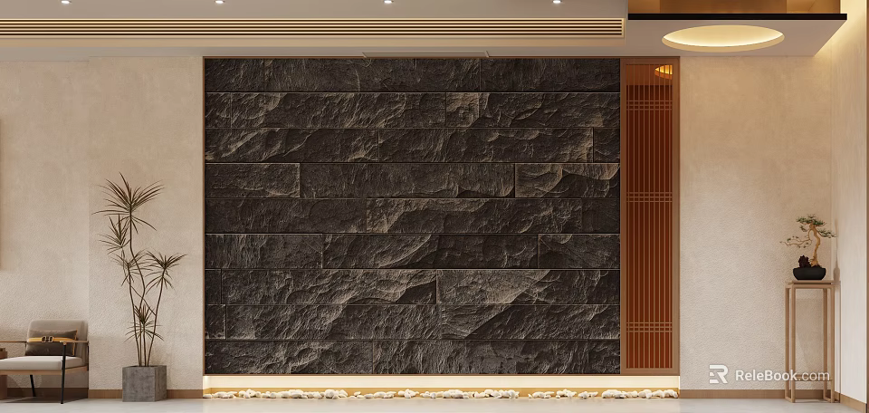 Modern Elevator Hallway Design With Stone Wall Wooden Door And Ambient Lighting 3d model 