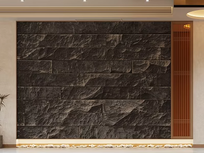 Modern Elevator Hallway Design With Stone Wall Wooden Door And Ambient Lighting 3d model