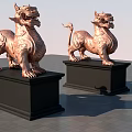 Traditional Chinese Pixiu Bronze Sculptures With Intricate Carving On Black Pedestals