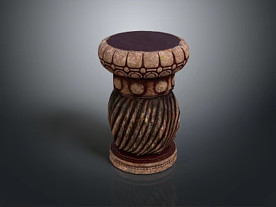Ornate Brown Decorative Stool With Round Top Patterned Design And Spiral Base 3d model