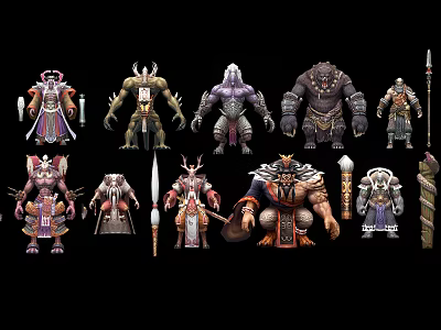 Game and Movie Characters Featuring Mythical Fantasy Armored Figures With Weapons and Costumes 3d model