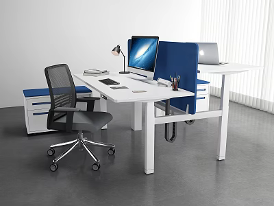 Modern Office Desk With White Surface Blue Divider Computer Monitor Laptop Office Chair And Drawer Cabinets 3d model