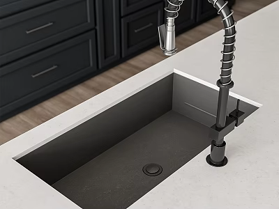 Modern Flexible Kitchen Faucet Over Black Sink With White Countertop And Dark Cabinets 3d model
