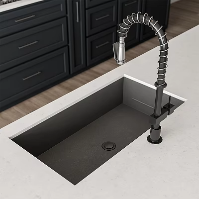 Modern Flexible Kitchen Faucet Over Black Sink With White Countertop And Dark Cabinets 3d model