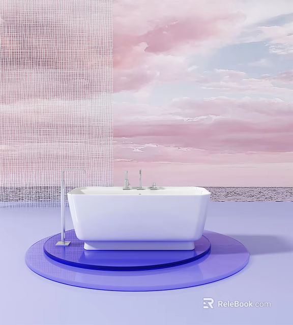 White Bathtub On Blue Base With Grid Wall And Pink Sky Background 3d model 