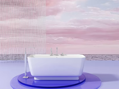 White Bathtub On Blue Base With Grid Wall And Pink Sky Background 3d model
