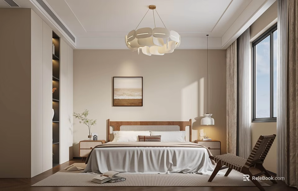 Modern Bedroom Interior With Wooden Bed White Pendant Light Wall Painting And Armchair 3d model 