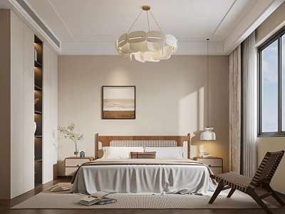 Modern Bedroom Interior With Wooden Bed White Pendant Light Wall Painting And Armchair 3d model