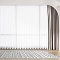 White Window Blinds In Modern Interior Room With Gray Curtains Area Rug And Potted Plant