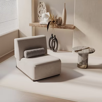 Modern Leisure Chair With Checkered Cushion And Marble Side Table In Stylish Interior 3d model