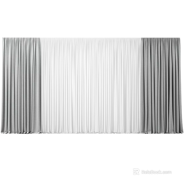 Gray and White Double Layer Curtains with Different Textures and Transparency 3d model