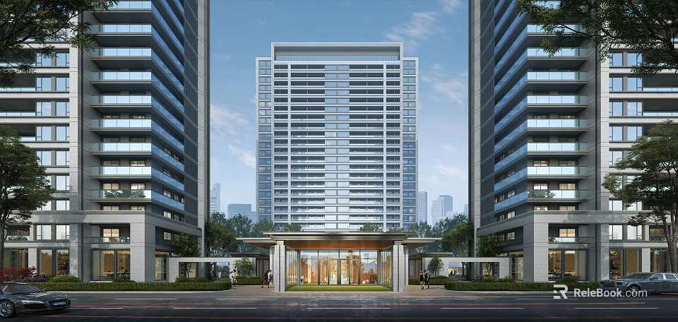 Aerial View Planning of Modern High Rise Residential Buildings With Entrance Greenery And Urban Backdrop 3d model 