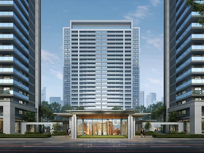 Aerial View Planning of Modern High Rise Residential Buildings With Entrance Greenery And Urban Backdrop 3d model