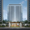 Aerial View Planning of Modern High Rise Residential Buildings With Entrance Greenery And Urban Backdrop