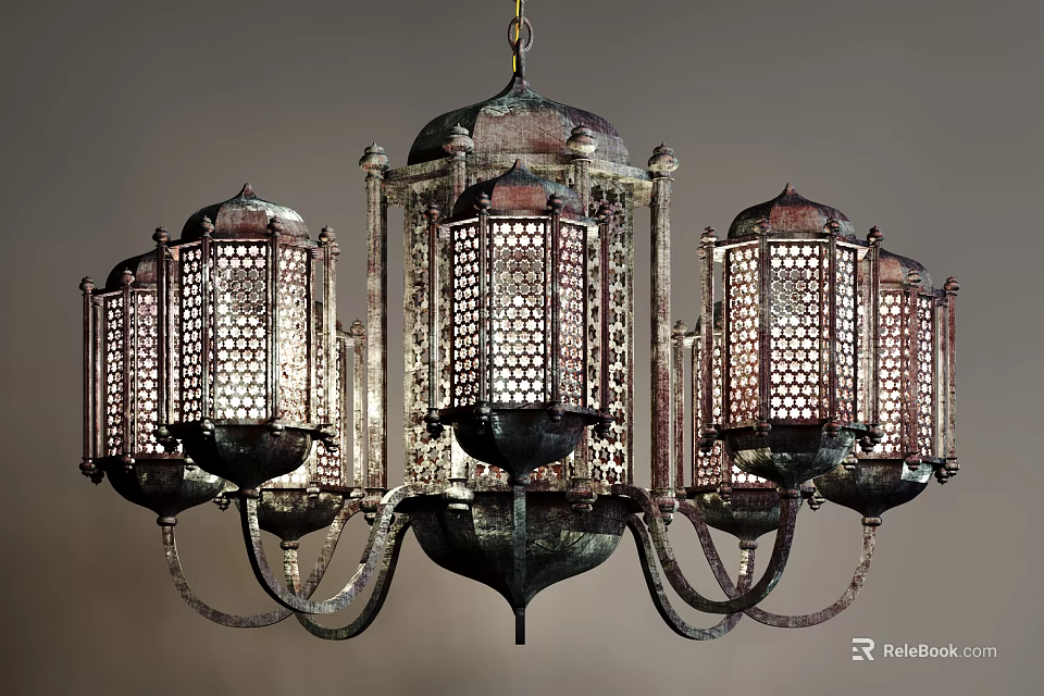 Vintage Moroccan Style Chandelier With Ornate Metal Frame And Pierced Lantern Shades 3d model 
