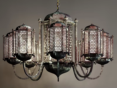 Vintage Moroccan Style Chandelier With Ornate Metal Frame And Pierced Lantern Shades 3d model