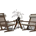 Minimalist Modern Leisure Chairs With Wooden Frame Slatted Backrest White Cushions And Small Round Table