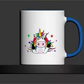 White Mug With Blue Rim Handle And Colorful Unicorn Stars Design On Black Circular Base